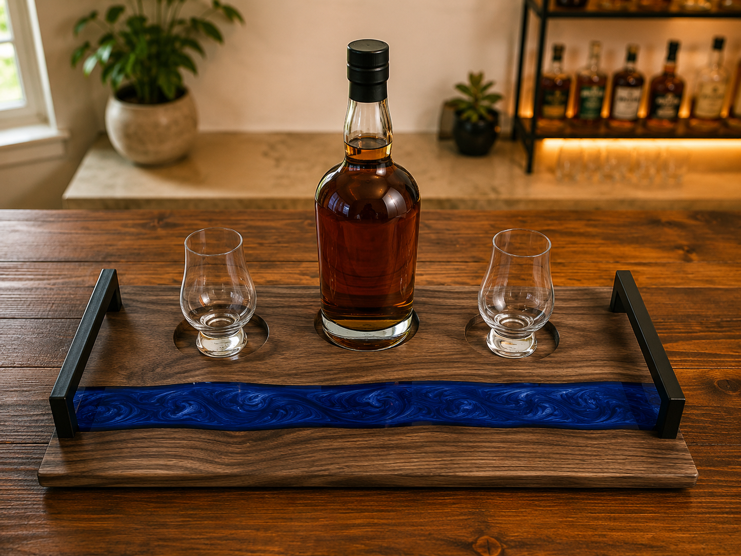 Walnut Whiskey Flight Board — Resin River Inlay