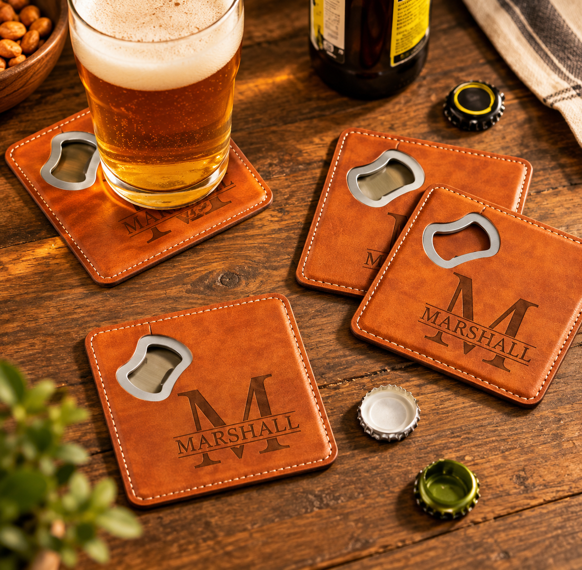 Personalized Leatherette Bottle Opener Coasters – Set of 4