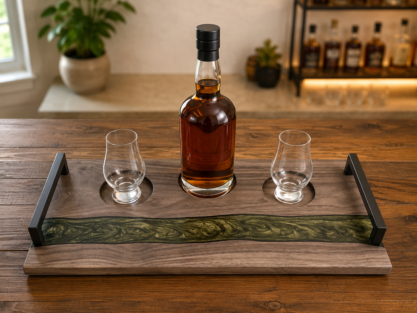 Walnut Whiskey Flight Board — Resin River Inlay