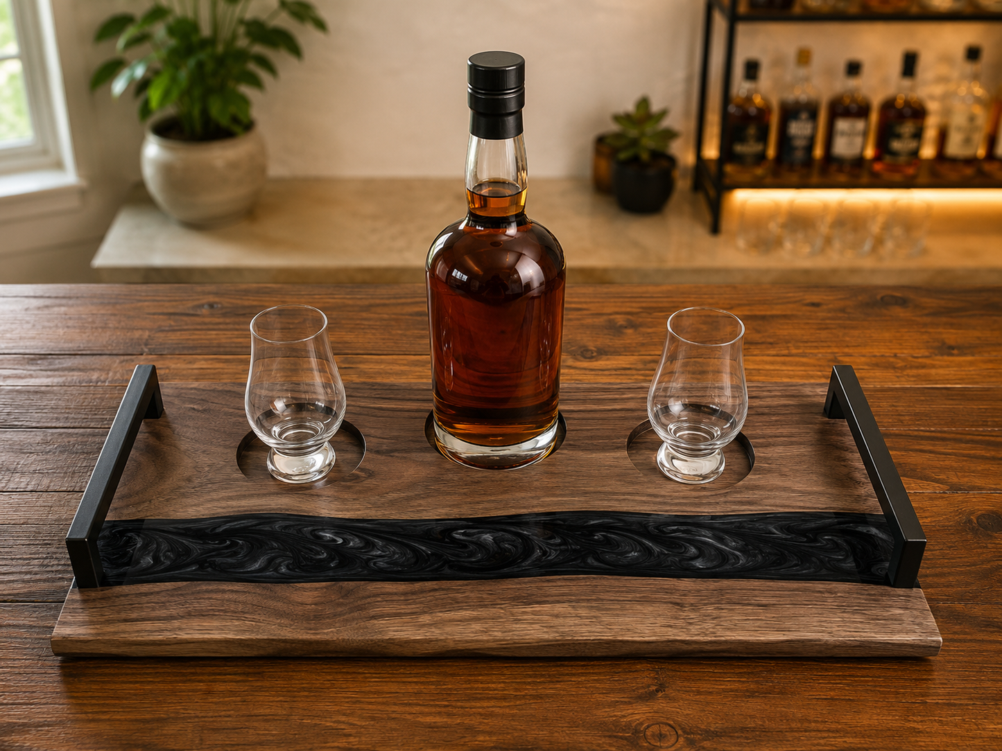 Walnut Whiskey Flight Board — Resin River Inlay