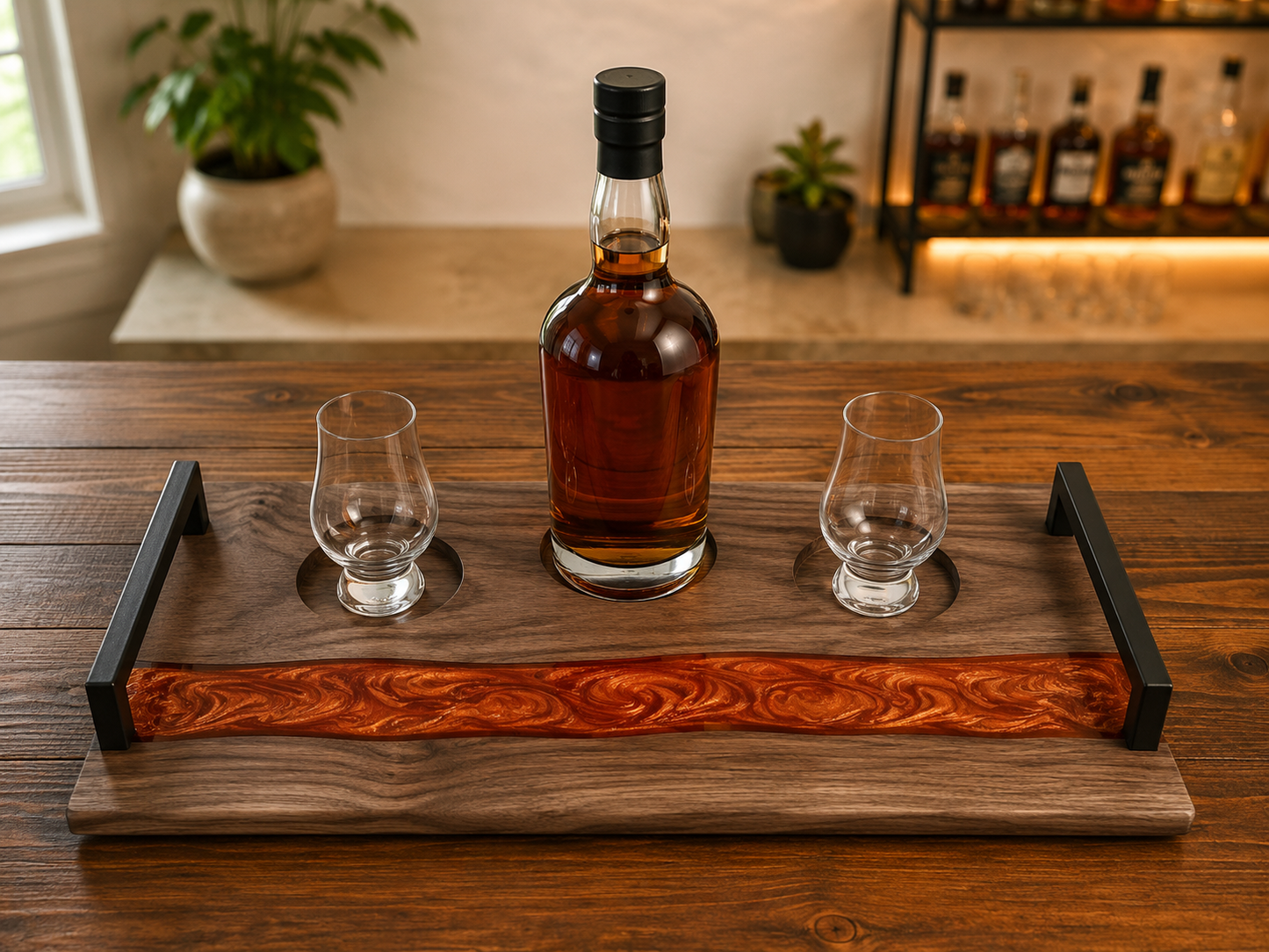 Walnut Whiskey Flight Board — Resin River Inlay