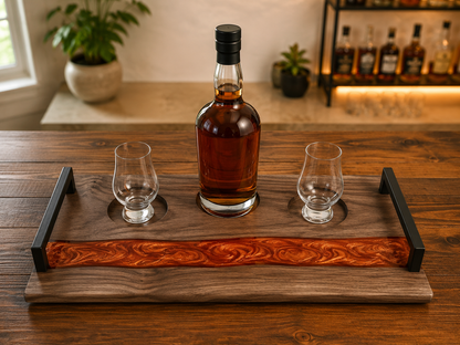 Walnut Whiskey Flight Board — Resin River Inlay