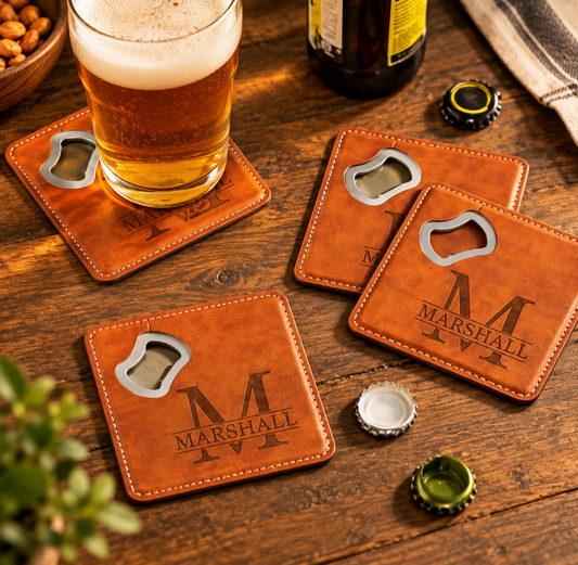 Personalized Leatherette Bottle Opener Coasters – Set of 4