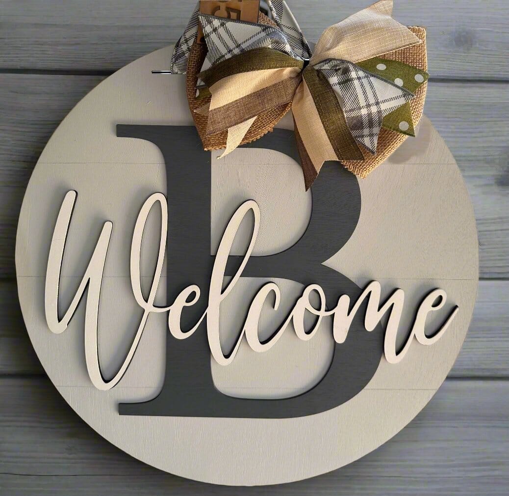 Grey - Monogram Welcome Door Hanger Handcrafted Finished Door Hanger Eduardo Pico Designs 